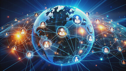 Obraz premium A complex global network of spheres interconnected by glowing lines, representing business structure, data exchange, customer connection, HR recruitment, outsourcing, service, teamwork, and strategy.