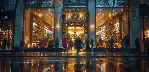 Fototapeta premium People Walking Past Storefront Windows Decorated for Christmas