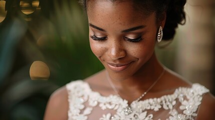 A serene bride gazing downwards, adorned in an elegant wedding dress with delicate lace details, capturing a moment of anticipation.