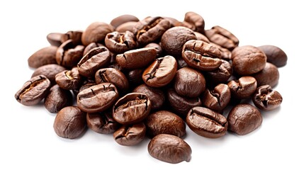 Obraz premium Pile of coffee beans isolated on a white background with a clipping path in a top view.
