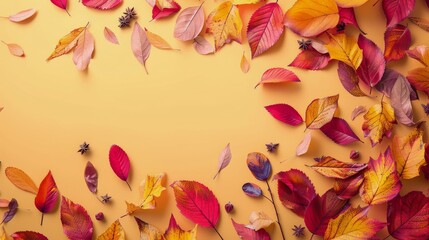 Autumn Leaves on Yellow Background