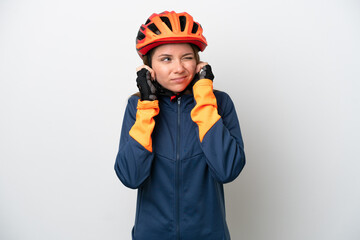 Young cyclist Lithuanian woman isolated on white background frustrated and covering ears