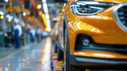 Obraz premium Close-up of an orange car assembly line showcasing modern manufacturing techniques and automotive design in a factory setting.