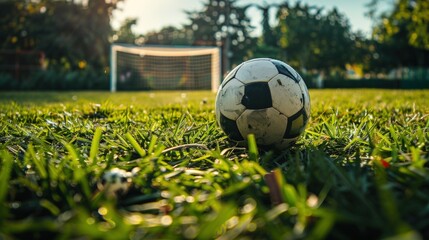 Fototapeta premium Soccer ball on green grass with goal in background.