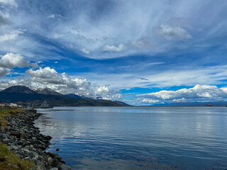 Argentina, Ushuaia - 2023, February: lake and mountains in Beagle channel 