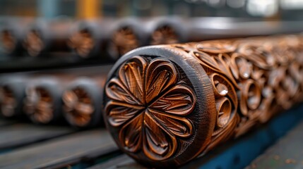 Intricate wooden carving on a cylindrical object, showcasing detailed floral patterns and craftsmanship in a workshop setting.
