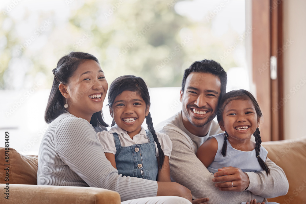 Poster Asian parents, portrait and happy family with kids on sofa for love, connection or children bonding together. Mom, dad or sisters in home living room for relax, hug or support with care for daughters