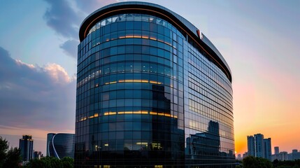 Obraz premium Modern office building with reflective glass facade illuminated by sunset, showcasing urban architecture and contemporary design.