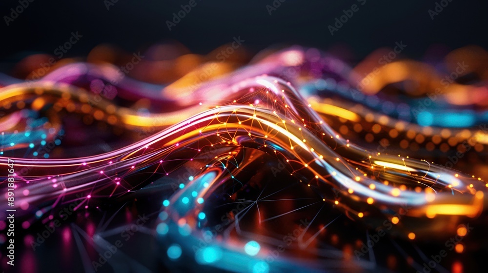Poster vibrant abstract waves of light showcasing a blend of colorful neon patterns and flowing motion in a