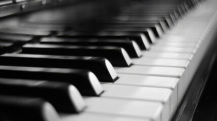 Extreme focus on piano keyboard s black and white keys with room for text