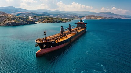 A large cargo ship carrying coal, iron ore, or other heavy goods is anchored in the Aegean Sea, waiting to enter the port. The view is from the air.