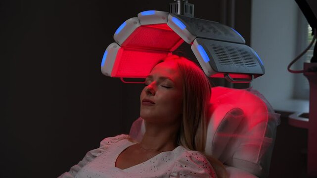 Closeup tracking shot of serene blonde female lying on procedure chair having LED red light hair photodynamic therapy during hair treatment. Young woman client having non-invasive type of phototherapy