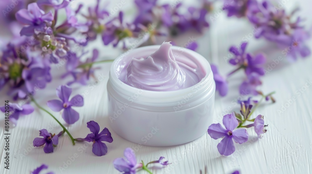 Wall mural Cosmetic cream displayed on a white wooden table with purple flowers