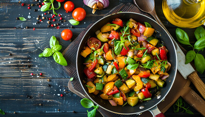 Vegetable Ratatouille in frying pan on a wooden table. Top view