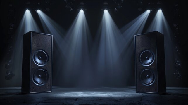 Two large speakers on the left and right sides of the frame on a black background.