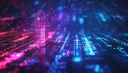 Upward arrow icon, digital background, binary code and glowing lights, 3D tech growth concept,