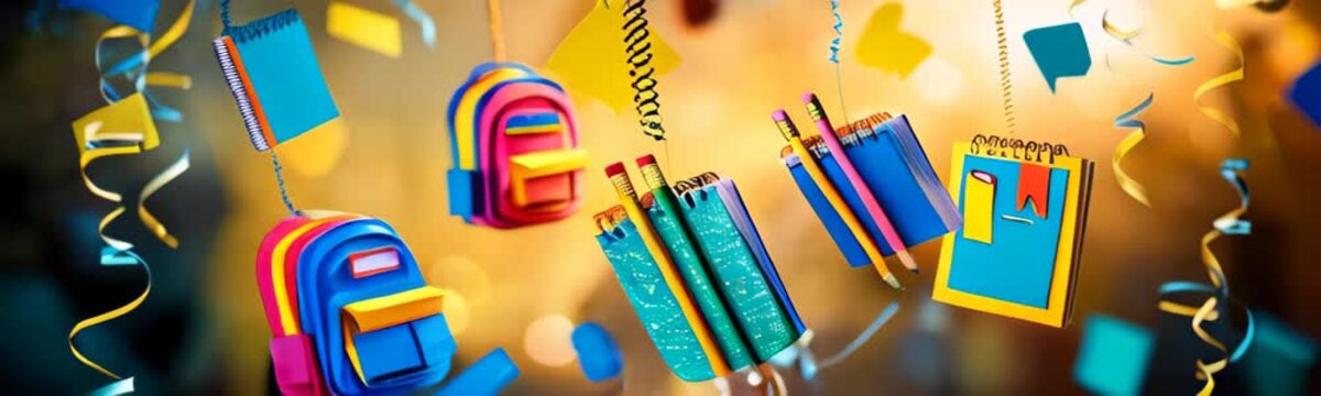 Back-to-school concept. Web banner, colorful notebooks, pencils, and a backpack against a warm, golden background with confetti