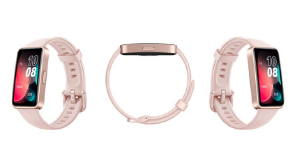 Closeup of pink smartwatch wristbands, isolated on white background.