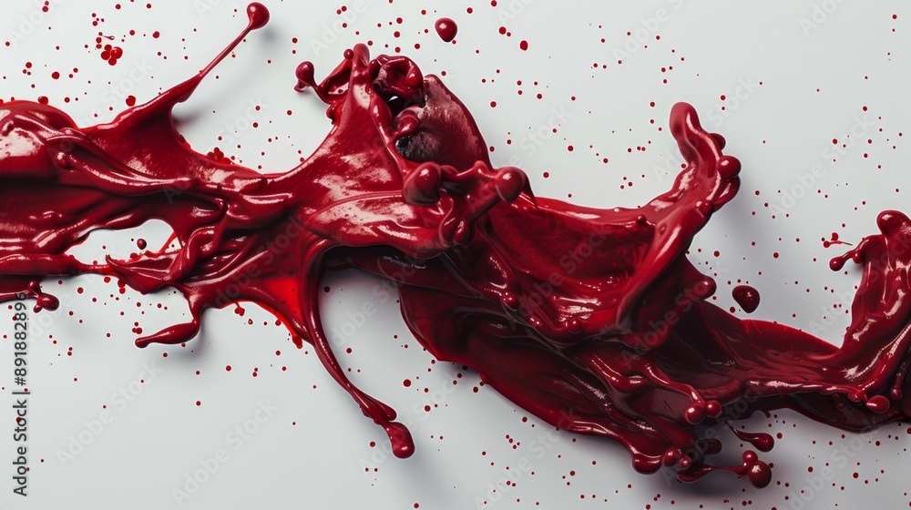 Poster a vibrant red liquid, likely blood, splatters across a pristine white backdrop, creating a captivati