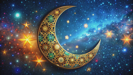 Naklejka premium Vibrant crescent moon surrounded by intricate Islamic patterns and stars, set against a starry night sky, perfect for Ramadan and Eid-al-Fitr celebrations.