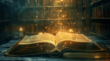 A book floating in an ethereal library pages filled with ancient knowledge and future predictions, fantasy and magic