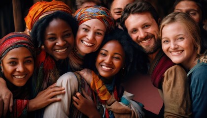 Fototapeta premium A Group of Women Embracing Each Other in Colorful Traditional Attire