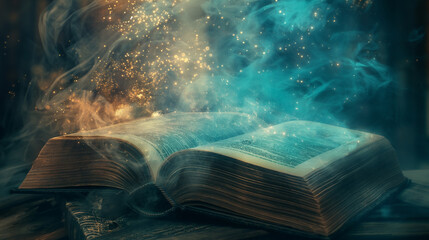 A book floating in an ethereal library pages filled with ancient knowledge and future predictions, fantasy and magic