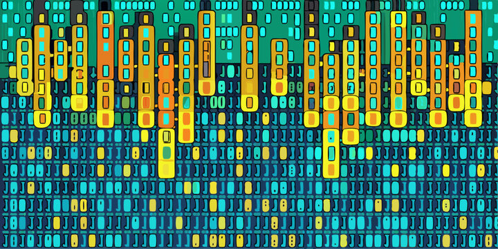 Abstract binary code pattern with blue and yellow hues