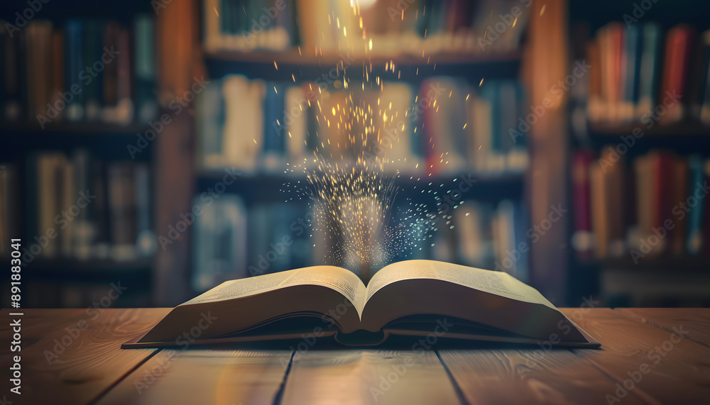 Poster closeup view of open book in library with blur bookshelf in background world book day, 