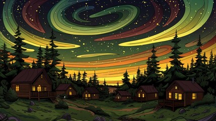 Obraz premium Mesmerizing Night Sky Over Peaceful Forest Cabins Illuminated by Northern Lights in Vibrant Colors Amidst Starry Landscape