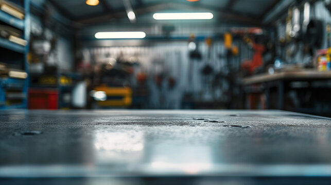 A metal blank tabletop with blurred automotive tools and parts in the background suitable for promoting automotive products