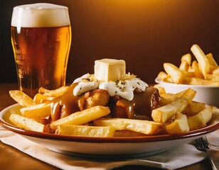 A plate of Canadian poutine with french fries, gravy, cheese curd, and a beer.