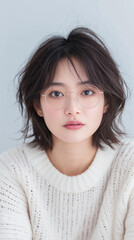 Fototapeta premium Portrait of a Korean girl wearing glasses and a white sweater