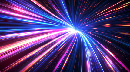Colorful Abstract Light Speed Burst, Neon Lines, Dynamic Motion, Futuristic Background, Vibrant Spectrum, Energy Stream, Sci-Fi Concept, High-Speed Light Streaks, Radiant Colors, Digital Art.