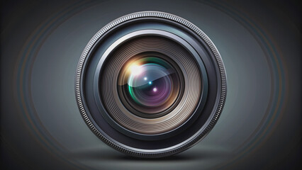 A modern stylized camera lens icon with a sleek metallic appearance and intricate details, symbolizing photography and visual storytelling, isolated on a plain background.