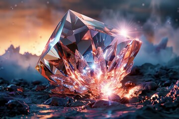 A large crystal is on a rocky beach