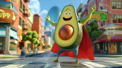 A cartoon character is standing on a street with a green avocado on his head
