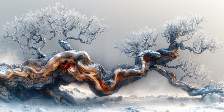 Twisted and gnarled branches are transformed into a captivating abstract form