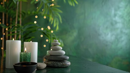 Candles and spa stones on table with green background text space