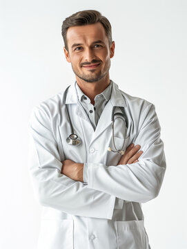 Homme m&eacute;decin d'environ 40 ans, souriant, bras crois&eacute;s, avec sa blouse blanche et son st&eacute;thoscope sur fond blanc, m&eacute;tier th&eacute;rapeute, docteur et praticien de sant&eacute;