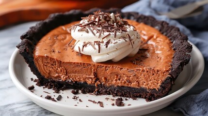Decadent creamy chocolate mousse pie with chocolate shavings and whipped cream on a plate, perfect for dessert lovers and chocolate enthusiasts