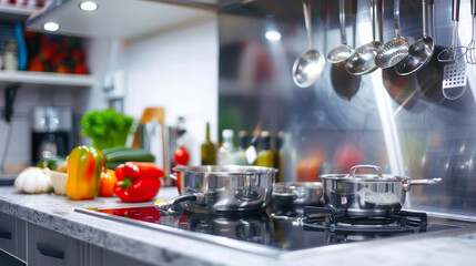Hanging kitchen utensils: Pans and utensils on a kitchen wall.