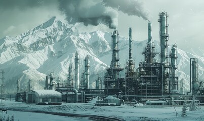 Bleak refinery scenes devoid of color, highlighting the austere beauty and environmental toll of heavy industry