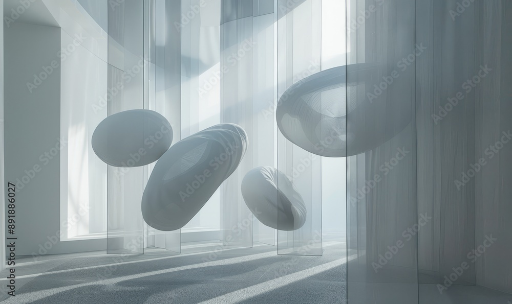 Poster contemporary art installation with floating shapes and ethereal materials, creating an immersive exp