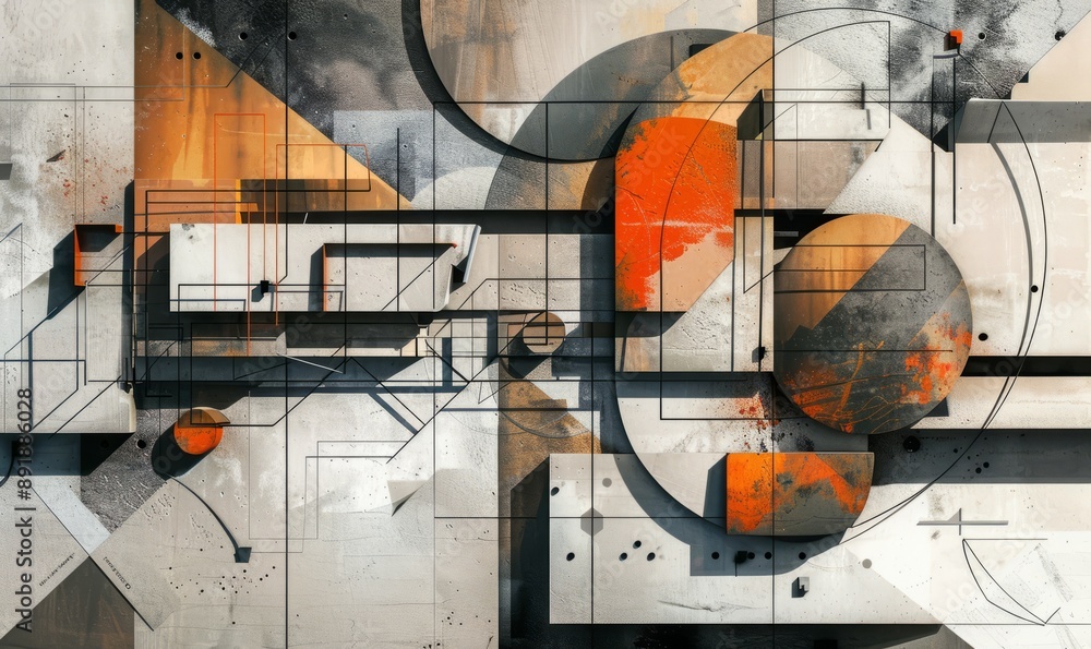 Poster constructivist abstraction with industrial materials and geometric forms, celebrating the beauty of 