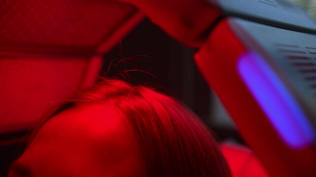 Close-up head of unrecognizable woman having non-invasive type of phototherapy in medical clinic during hair treatment. Blonde female lying on chair having LED light hair photodynamic therapy.
