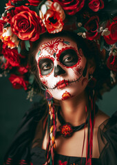 Woman adorned with vibrant, traditional Day of the Dead face paint and crown of red roses. Intricate makeup features detailed floral designs and striking black and red accents Mexican celebrating