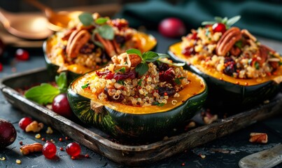 Vegan stuffed acorn squash with quinoa, cranberries, and pecans