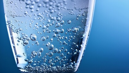  Close-up of lively bubbles in a glass of chilled sparkling water, with a minimalistic, soft