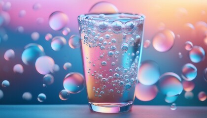  Close-up of vibrant bubbles rising energetically in a glass of sparkling soda, with a gently
